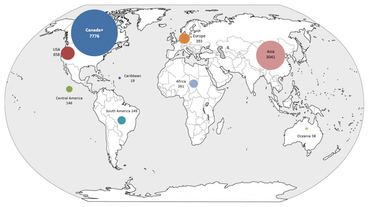 World map showing numbers in several areas, majority Canada, next Asia