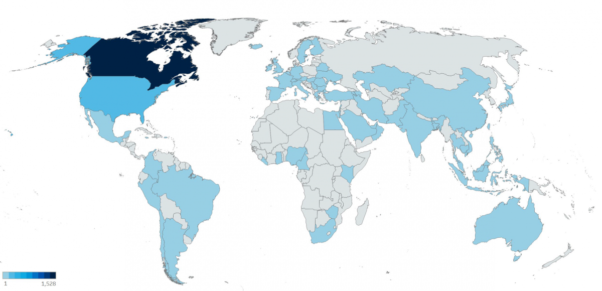 World map indicating countries by intensity; Canada foremost, with dozens of countries close seconds