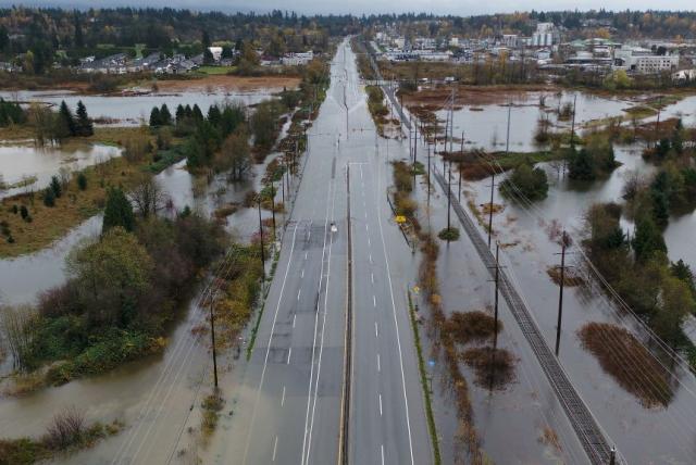 An aerial view of flooding along Highway 1 through the Fraser Valley in November 2021