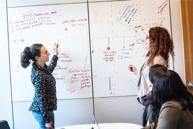 Two people consulting a whiteboard in collaboration