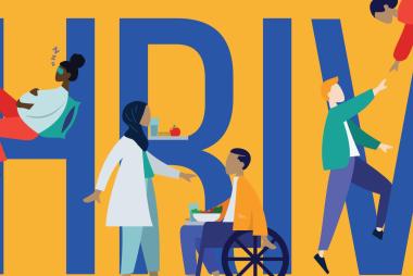 Diverse people congregating around a physical word "thrive"