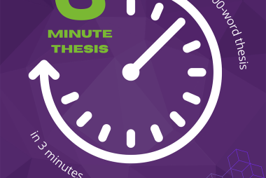 purple 3MT logo, with stopwatch and cubic graphic