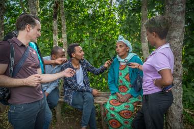 SCARP alum Adam Hunt interviewing Ethiopian farmer about farm-restoration technique