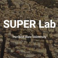 SUPERLab logo amidst dreary cityscape